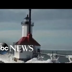 Snow coats St. Joseph lighthouses in Michigan