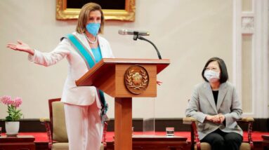 In this photo released by the Taiwan Presidential Office, U.S. House Speaker Nancy Pelosi speaks during a meeting with Taiwanese President President Tsai Ing-wen, right, in Taipei, Taiwan, Wednesday, Aug. 3, 2022. U.S. House Speaker Nancy Pelosi, mee